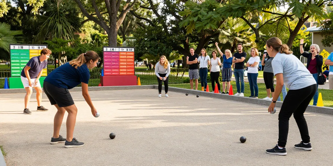 Suasana olahraga petanque di taman dengan pemain dan penonton dari fopikotabalikpap.org, terlihat ceria dan penuh semangat.