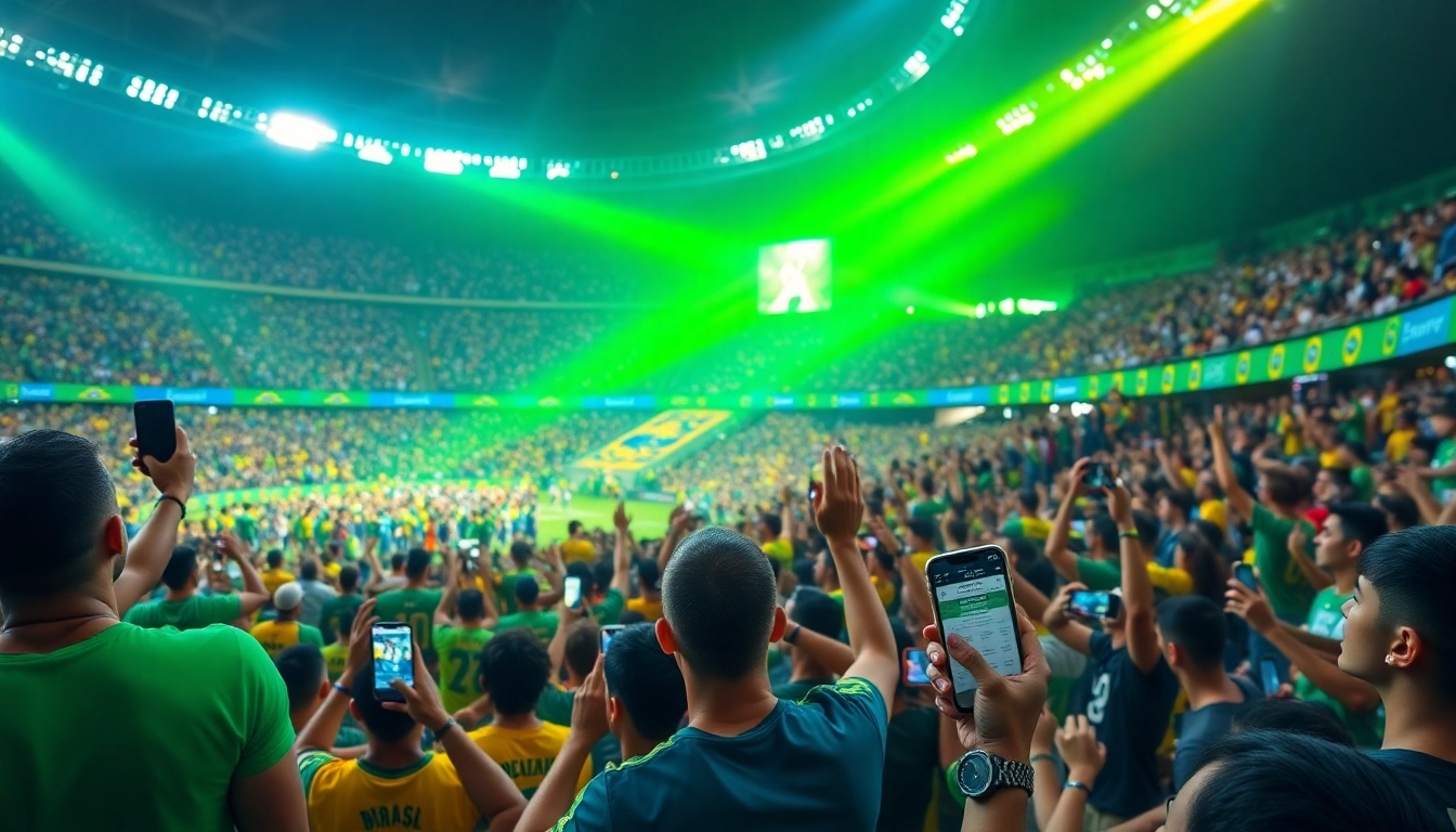 Engaged fans enjoying sports betting Brazil at a lively stadium event with colorful displays.