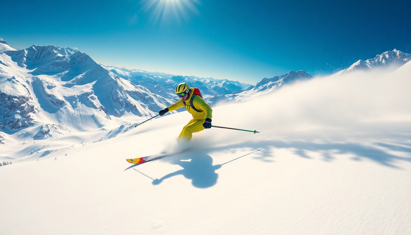 Buy skis online with vibrant gear showcased by a professional skier on scenic snowy slope.