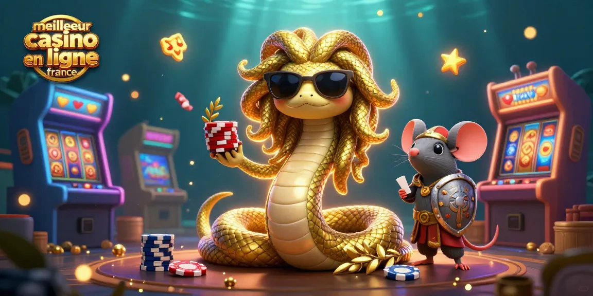 Illustration dynamique de Medusa et guerrier souris mettant en avant le meilleur casino en ligne France, entourés de rouleaux de machines à sous et de jetons.