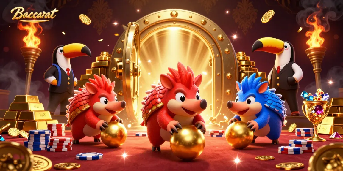 Baccarat game illustration featuring rival pangolins bowling golden balls with festive elements and a toucan referee.