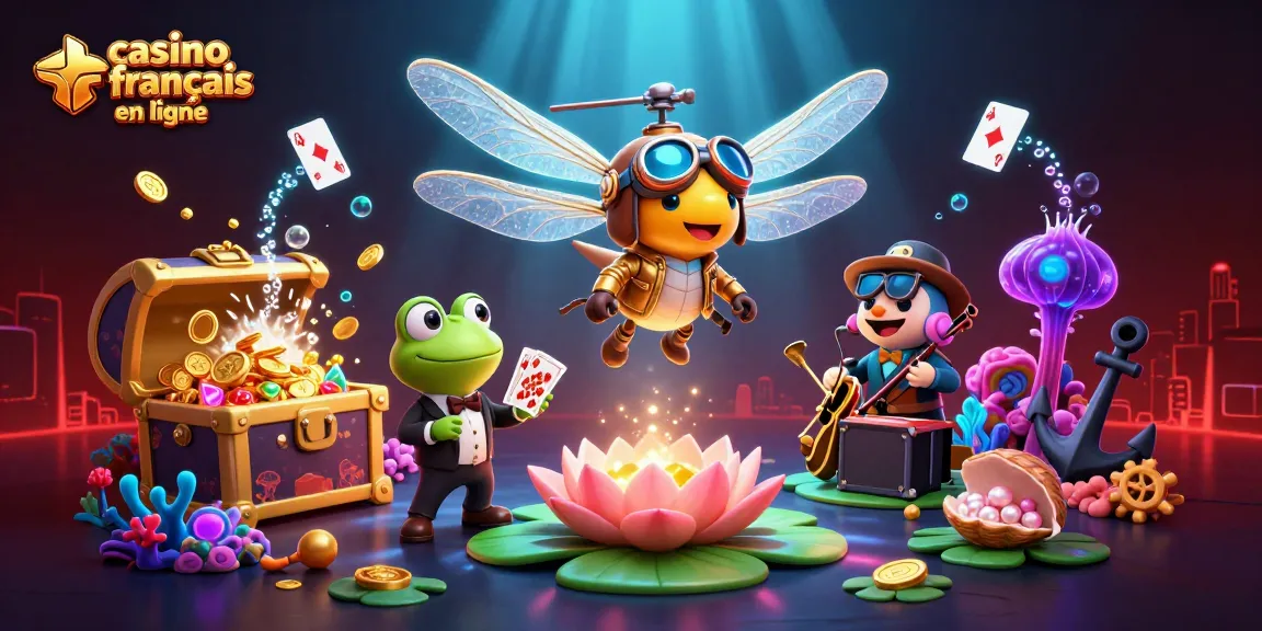 Casino français en ligne : Pilote libellule et croupier grenouille dans une scène de casino vibrante.