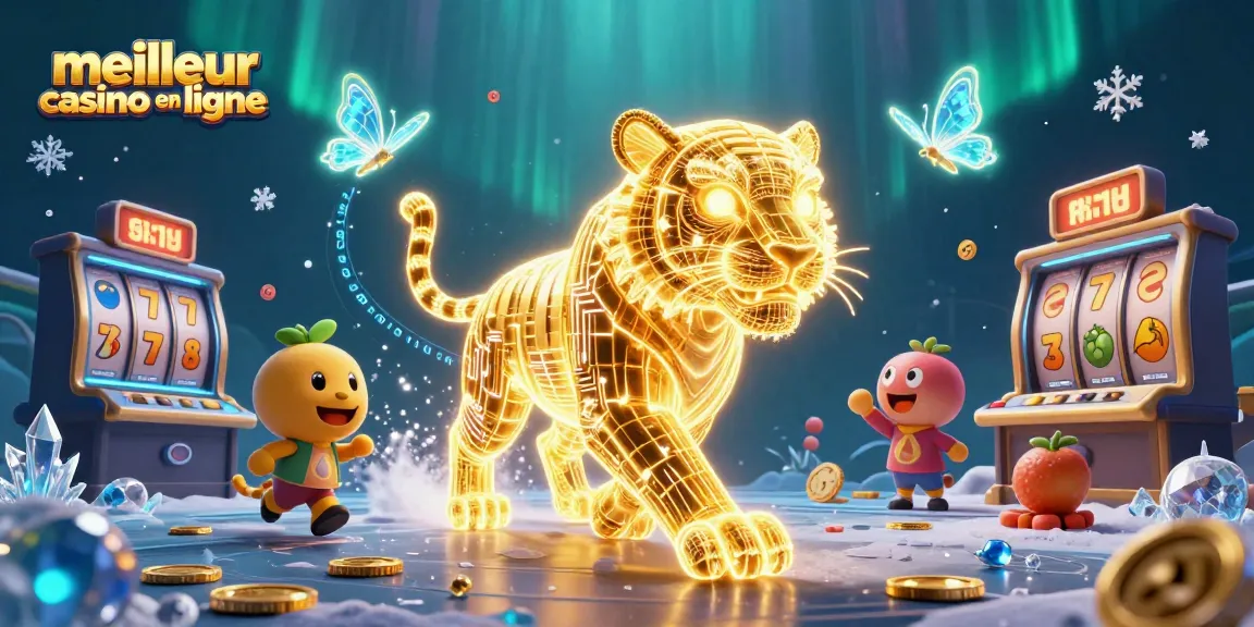 Découvrez le meilleur casino en ligne à travers cette illustration dynamique d'un tigre en 3D et des éléments de jeu.