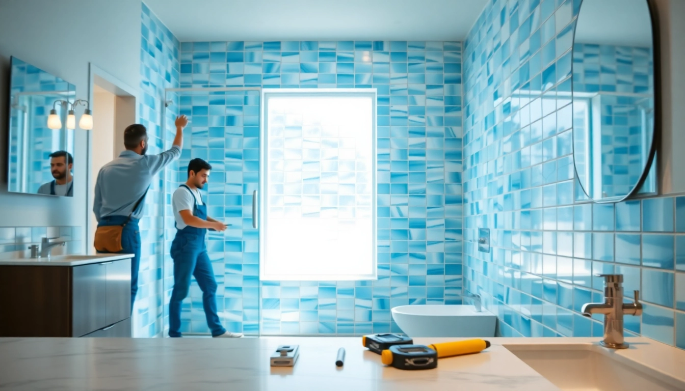 Bathroom contractors near me working diligently on a modern bathroom renovation project.