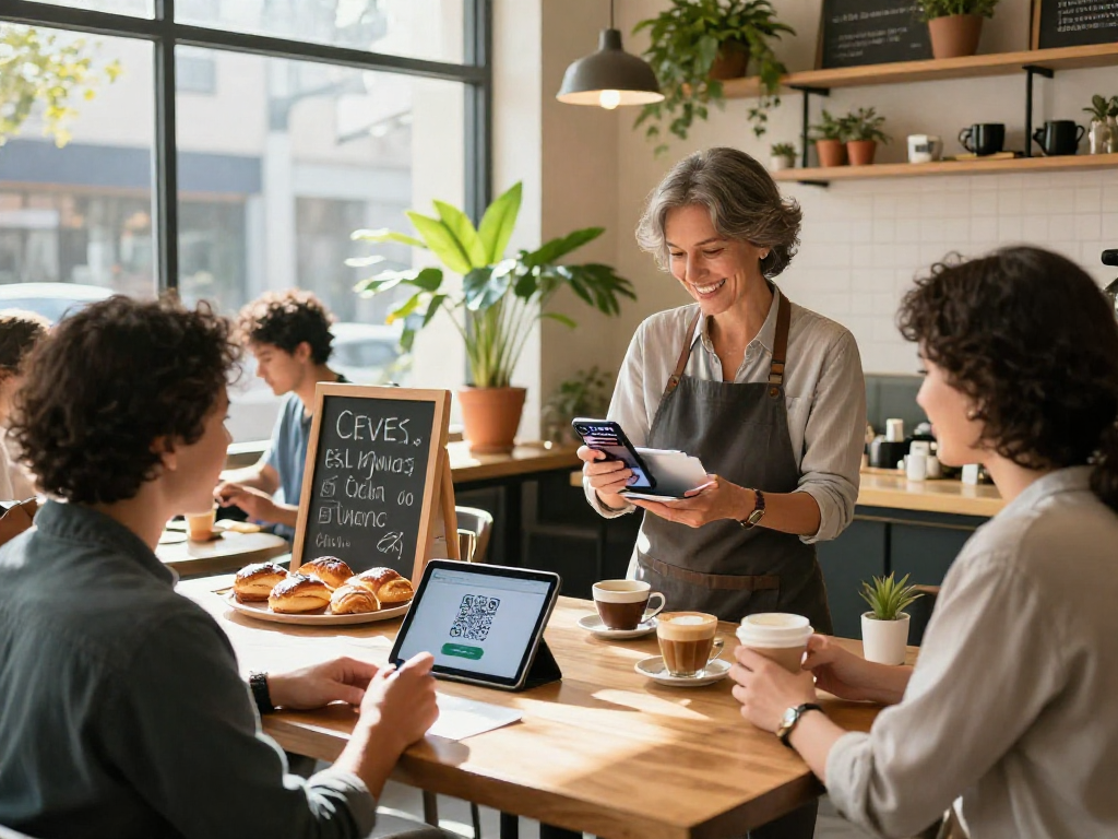 Small business owner using a loyalty app to enhance customer engagement in a cozy café setting.