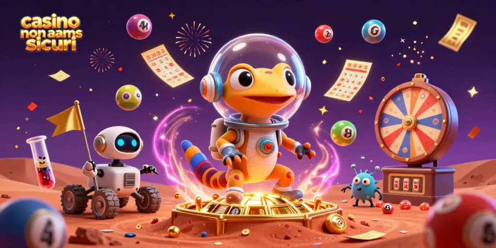 Giocare nei casino non AAMS sicuri con opportunità e premi avvincenti in un'illustrazione festosa.