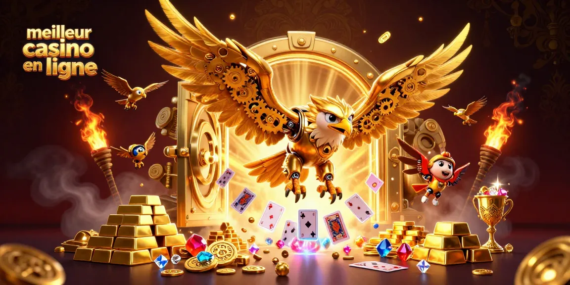 Explorez le meilleur casino en ligne avec des éléments dynamiques de jeu et un aigle mécanique doré.