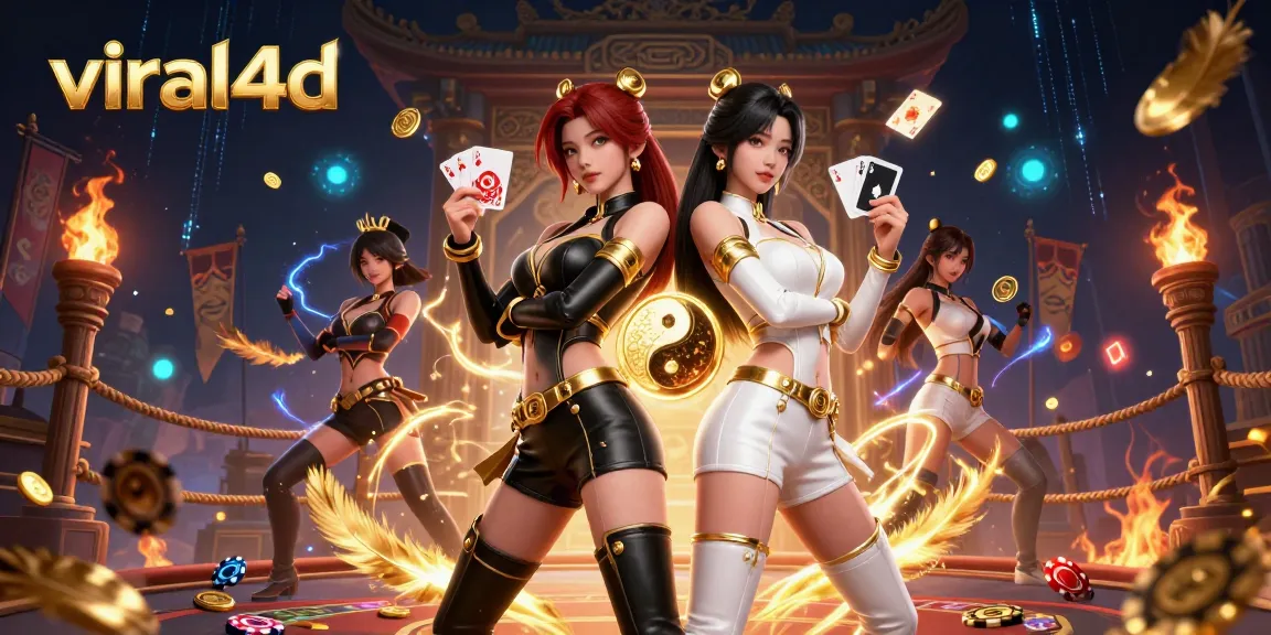 Experience the thrill of gambling with viral4d, showcasing stunning twin Asian women in a dramatic casino scene.