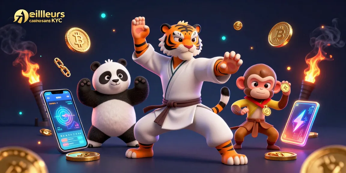 Découvrez les meilleurs casinos sans KYC avec un panda et un tigre dans une scène dynamique emplie d'éléments de jeu.