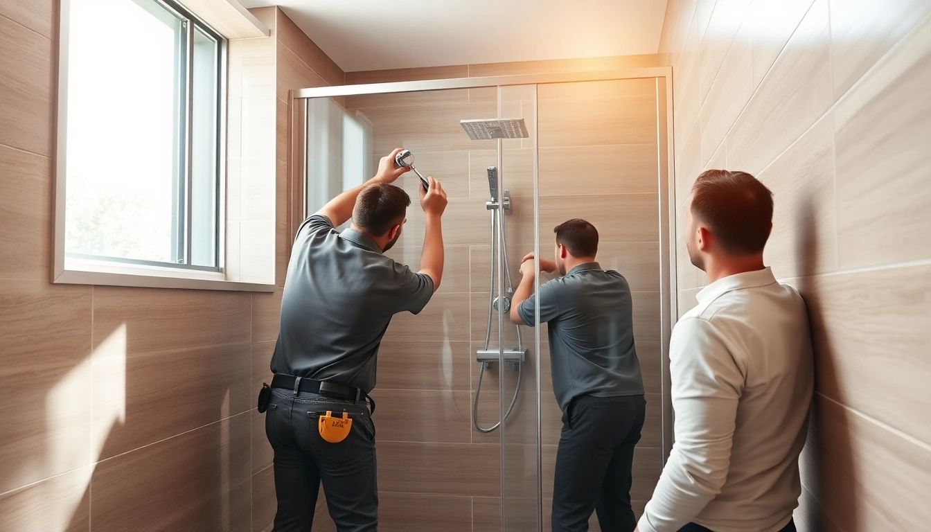 Skilled shower fitters expertly installing a modern shower unit in a stylish bathroom setting.