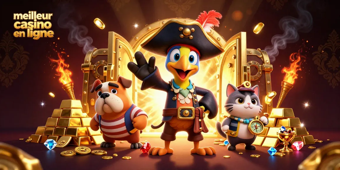 Visualisez le meilleur casino en ligne avec des personnages capturés dans un décor luxueux rempli de trésors brillants.