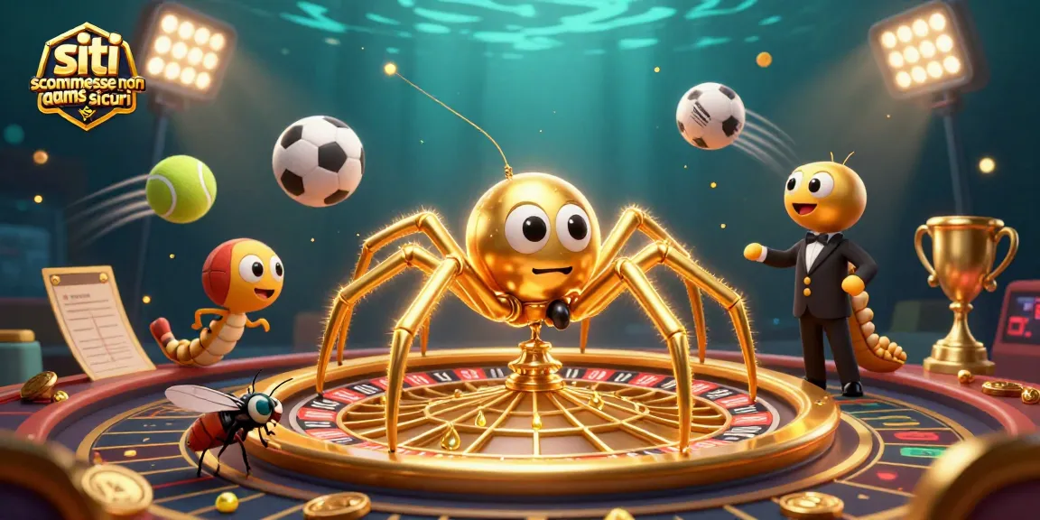 Siti scommesse non aams sicuri, volo di palle sportive con un ragno d'oro e un croupier centopiedi nel casinò