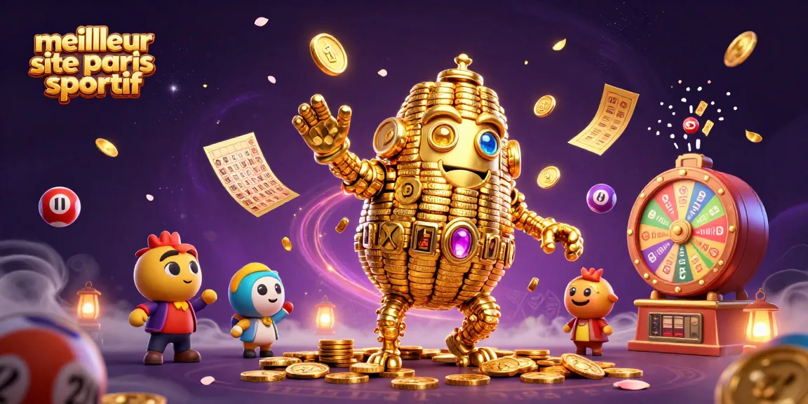 Découvrez le meilleur site de paris sportif avec un golem doré entouré de boules de loterie colorées.