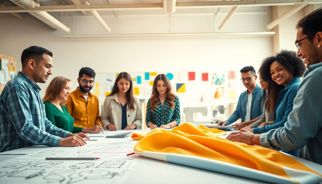 Custom Apparel Manufacturer team designing stunning clothing in a vibrant studio.