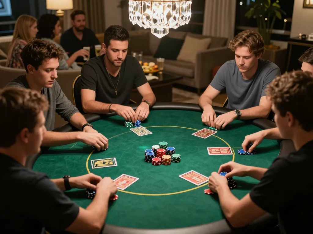 TG8 players strategizing in a cozy home poker game, enhancing social gambling connection.