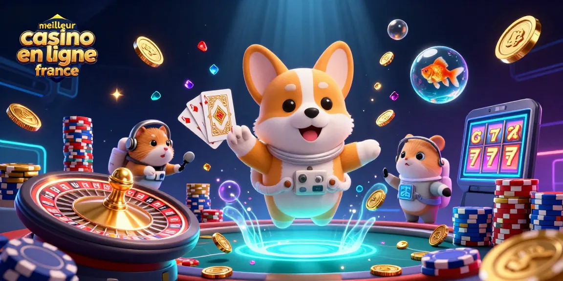Illustration colorée de meilleur casino en ligne France montrant un corgi astronaute flottant dans un casino spatial.