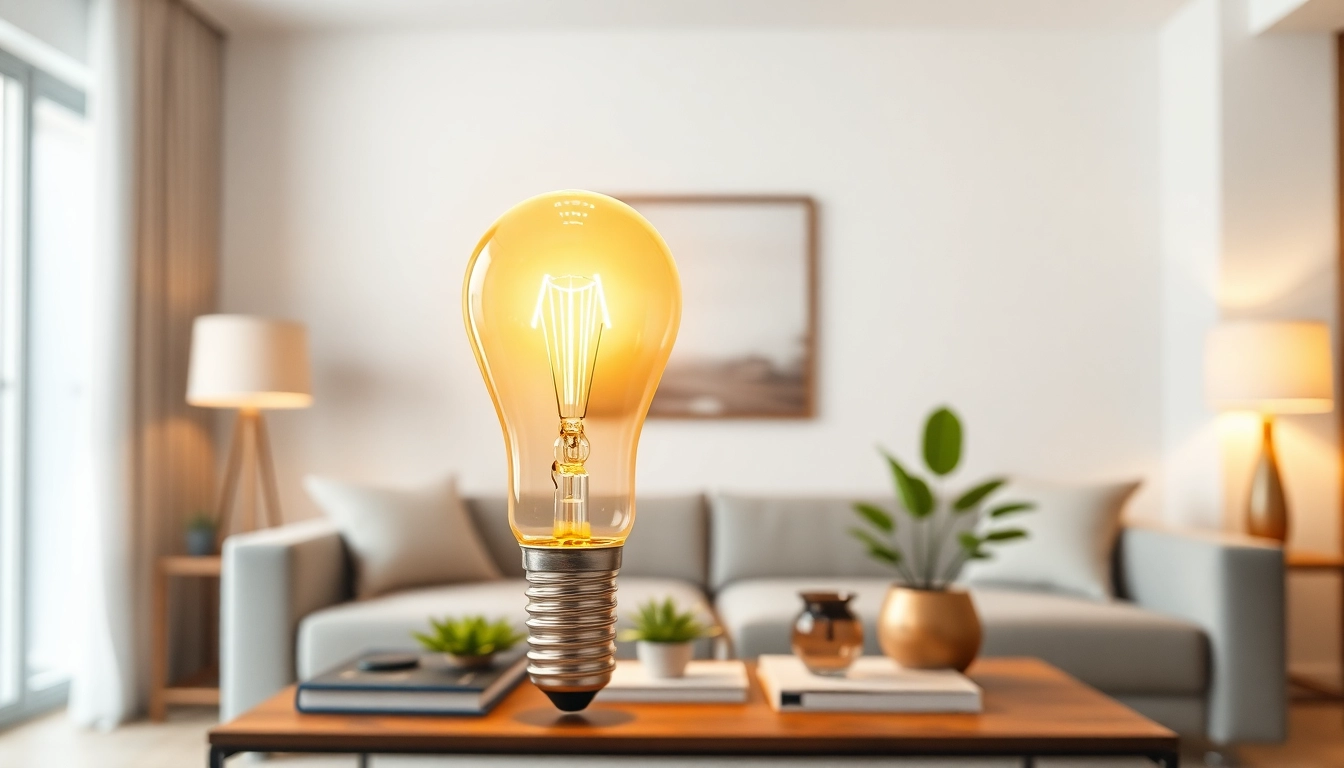 A19 bulb glowing warmly in a modern living room setting, demonstrating what is an a19 bulb's elegance.