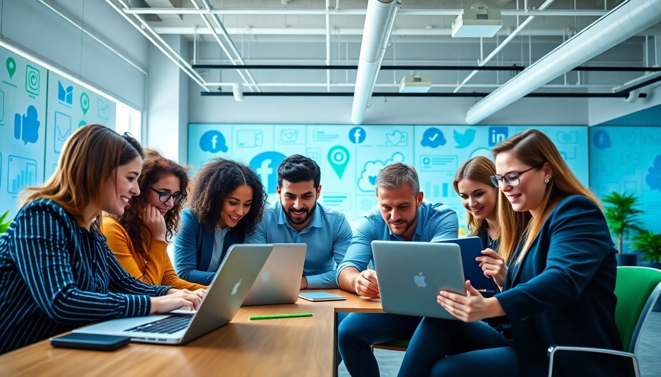 Team collaboration illustrated in a vibrant social media agency workspace