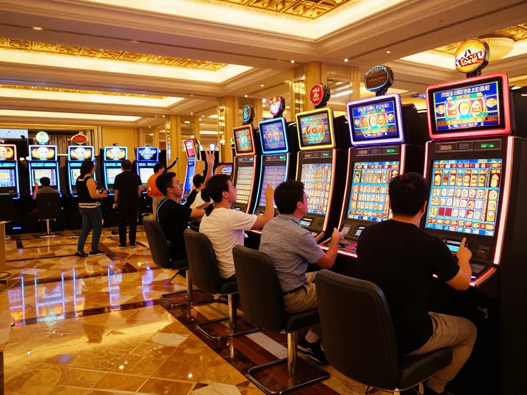 Pemain Toto Macau merayakan kemenangan di mesin slot kasino yang vibrant dengan cahaya warna-warni.