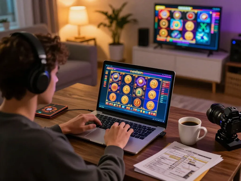 Engaging in depo 10k online gaming with colorful slots on a laptop in a cozy living room.