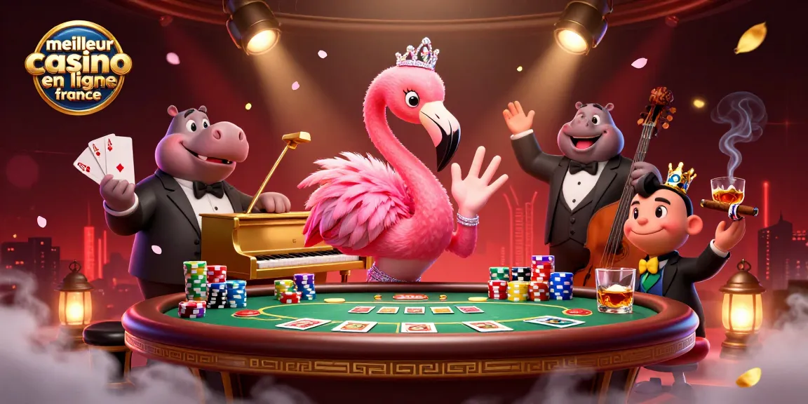 Rejoignez le meilleur casino en ligne France avec une scène vibrante de jeu et de musique, mettant en vedette un flamant rose chanteur.