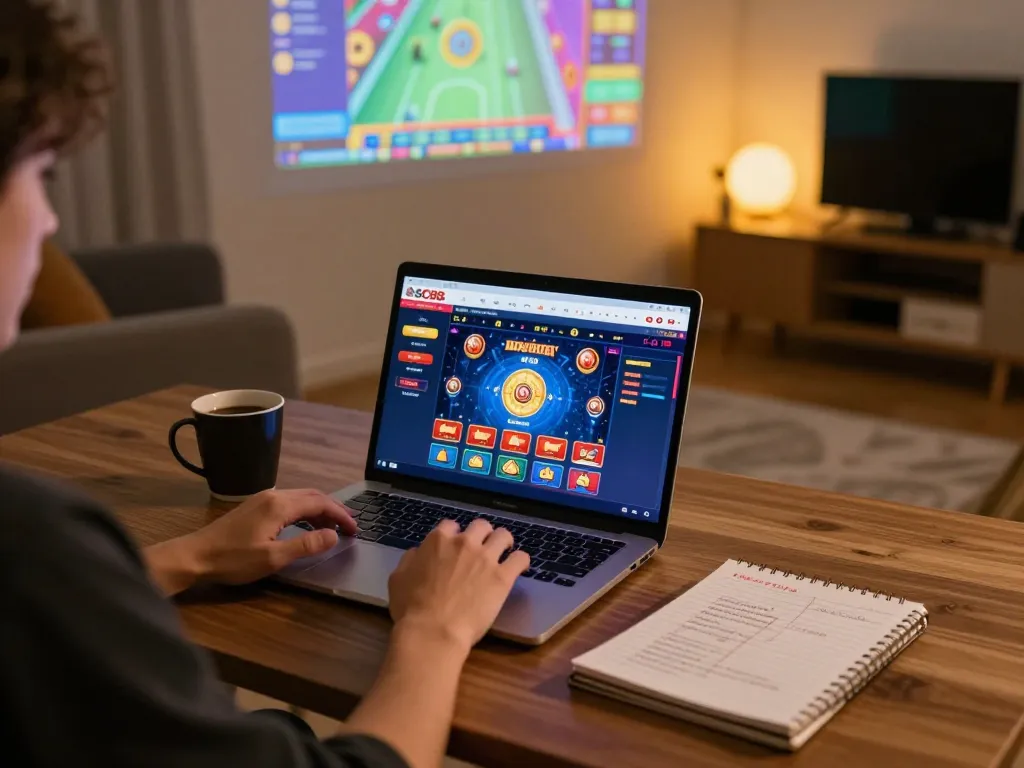 A player immersed in SC88 online casino gaming, using a laptop in a cozy home setting, showcasing strategic engagement.