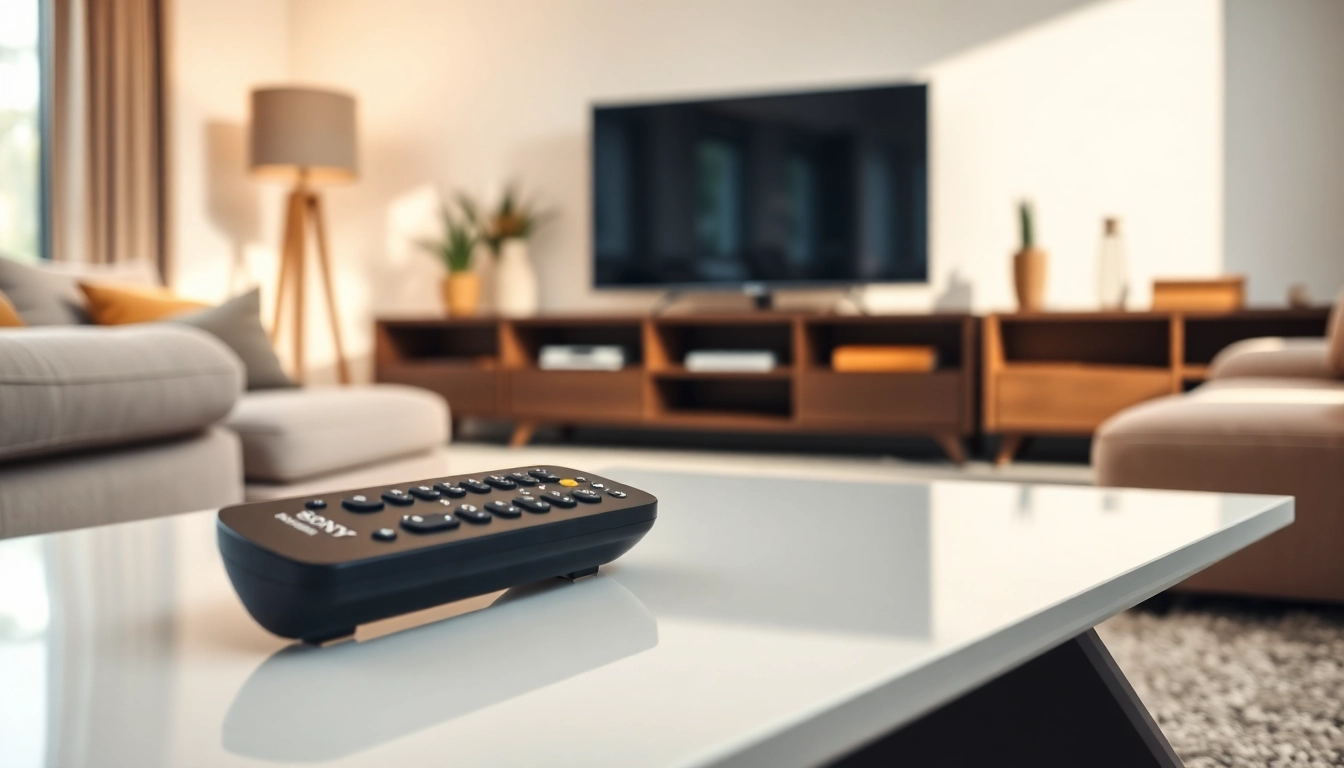Bediene die Sony RMT-TX100D in einem modernen Wohnzimmer mit elegantem Design und weichem Licht.
