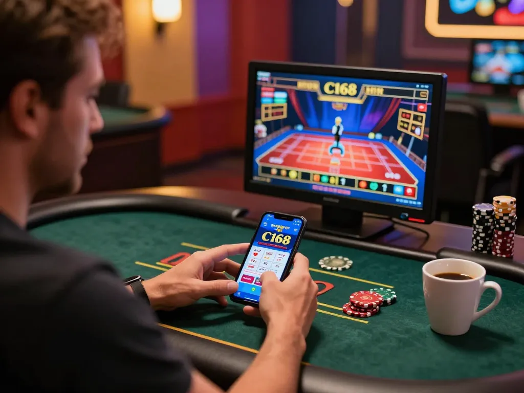 C168 nhà cái player enjoying mobile gaming on a smartphone, showcasing live dealer games and strategic betting.