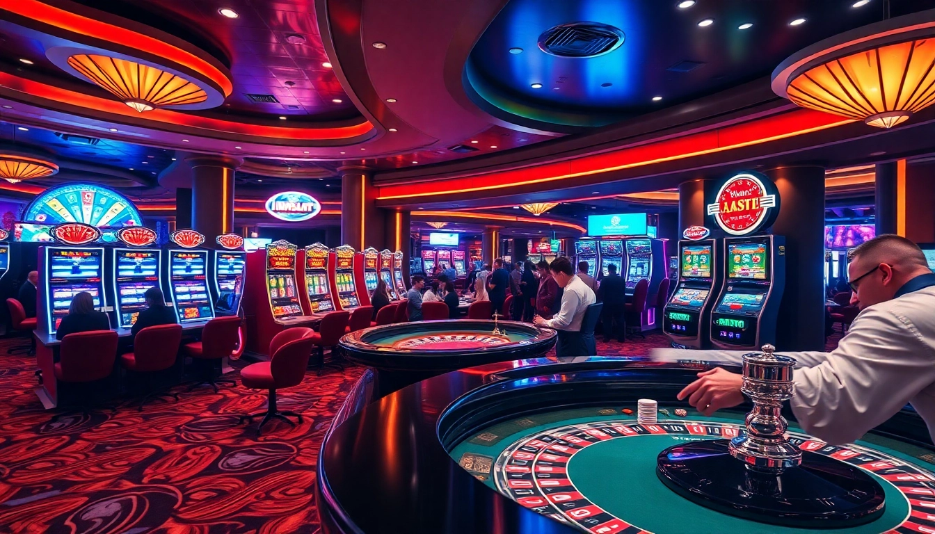 Experience the excitement of idnslot as players engage with vibrant slot machines in a luxurious casino setting.