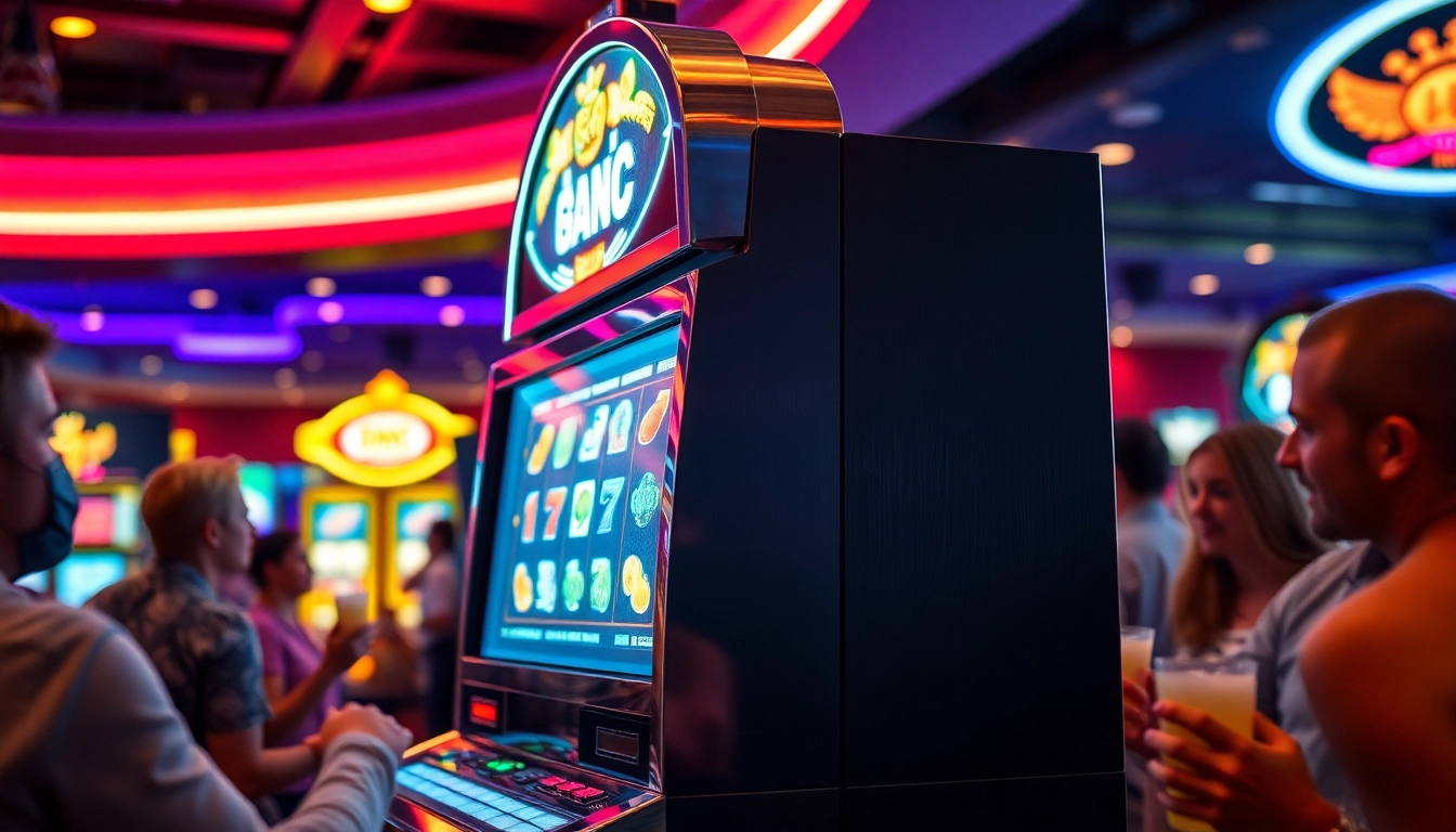 Menangkan Slot77 dengan mesin slot yang berkilau dan ramai pengunjung di kasino.