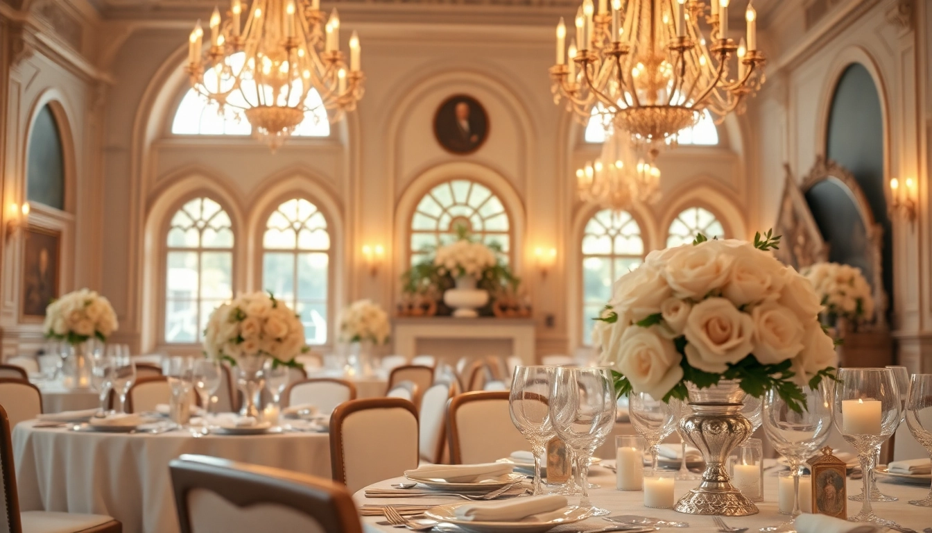 Stunning Jacksonville Wedding Venue featuring elegant decor, chandeliers, and romantic atmosphere.