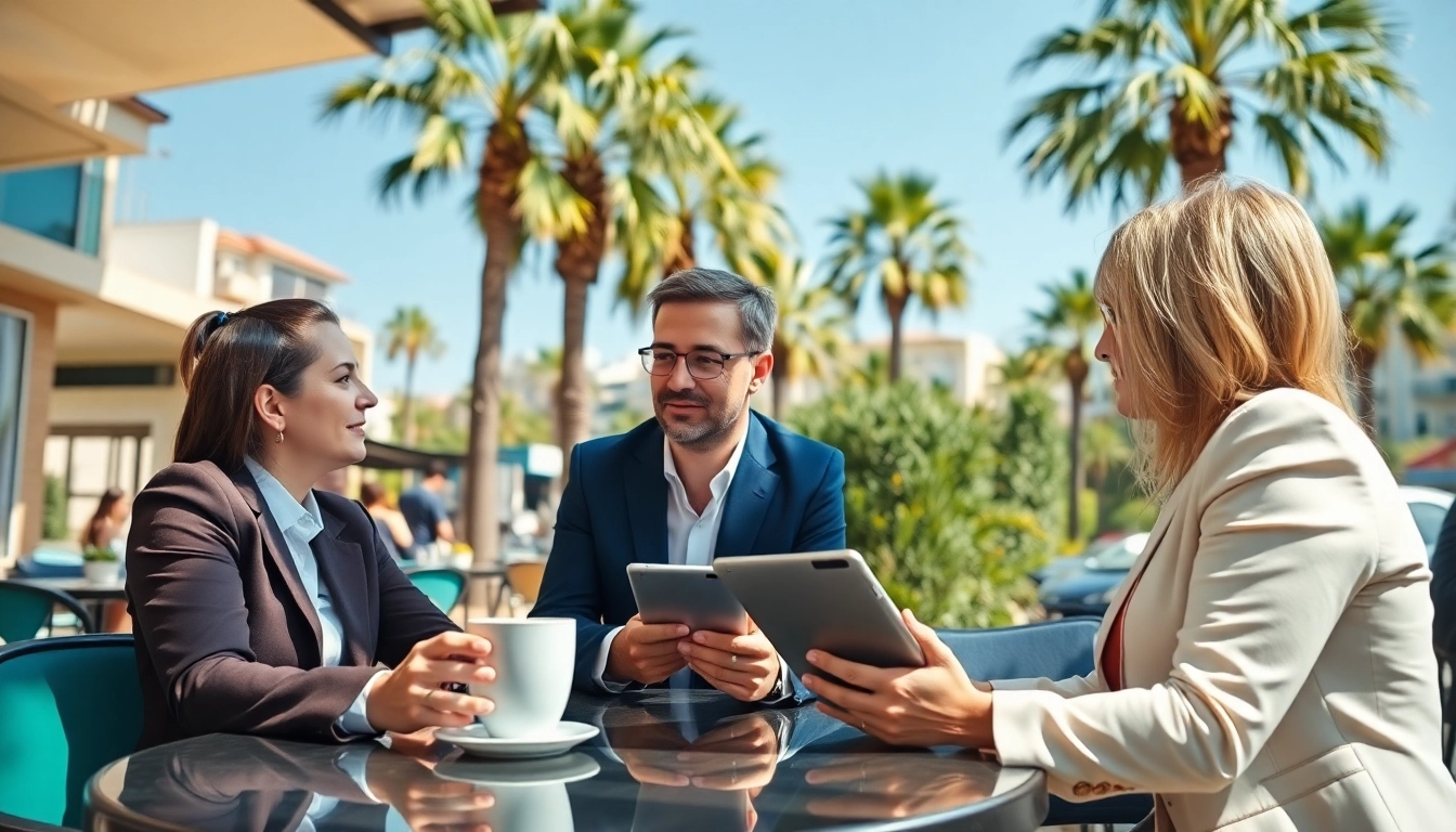 Real estate Alanya agents engaging in vibrant discussions over coffee, showcasing a lively atmosphere.