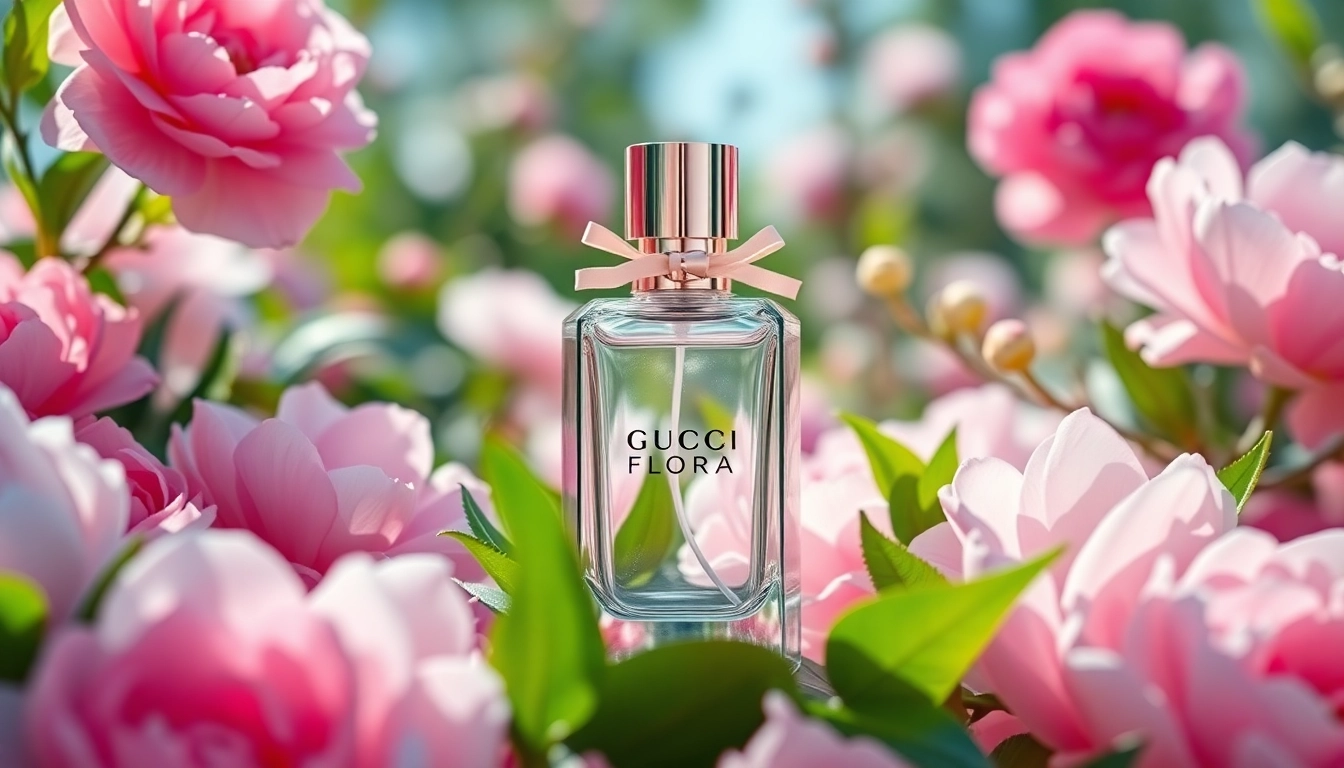 Highlighting the Gucci Flora fragrance bottle surrounded by blooming florals.