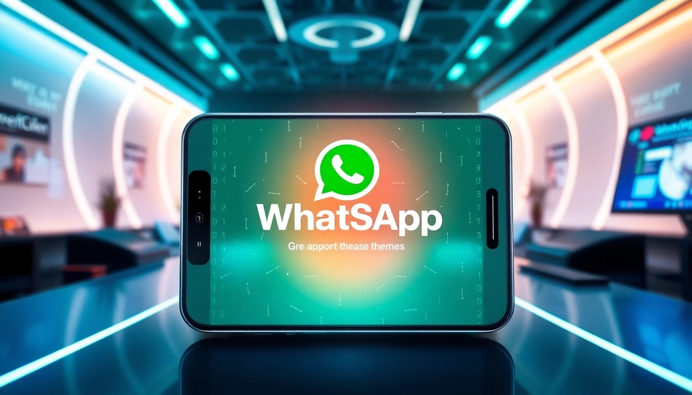 Experience GB WhatsApp with vibrant themes and features showcased on a smartphone in a modern tech workspace.