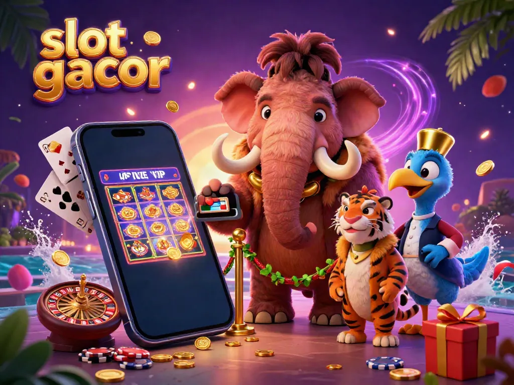 Slot gacor menampilkan momen bouncer mamut bersama tamu VIP beruang saber dan penjaga pintu dodo di kasino.