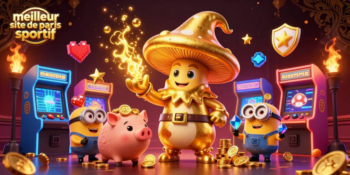 Visualisez le meilleur site de paris sportif avec un mage champignon doré et un cochon cherchant des trésors.