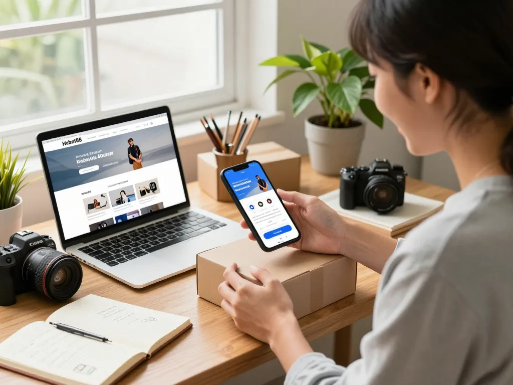 Excited person unboxing new products with Hubet88 site displayed on laptop, showcasing vibrant e-commerce lifestyle.