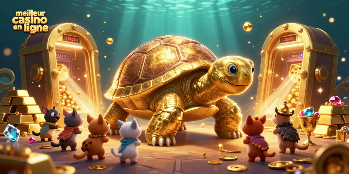 Jouer au meilleur casino en ligne avec une tortue en machine à sous géante entourée de trésors dorés.