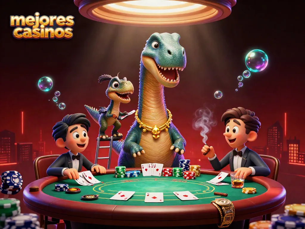 Mejores casinos: ilustración 3D de un brontosaurus y raptor en una escena de juego de cartas animada.