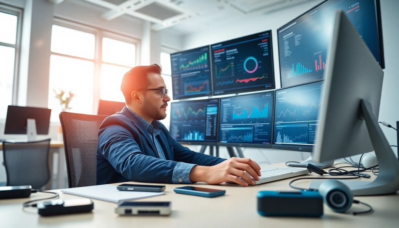 Utilize AI for competitive intelligence with data analysis tools in a modern workspace.