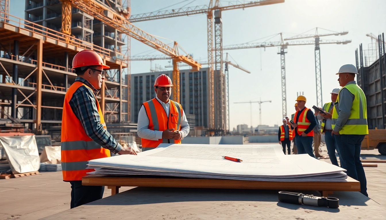 Building developer overseeing a construction site with diverse teams and cranes in the background.