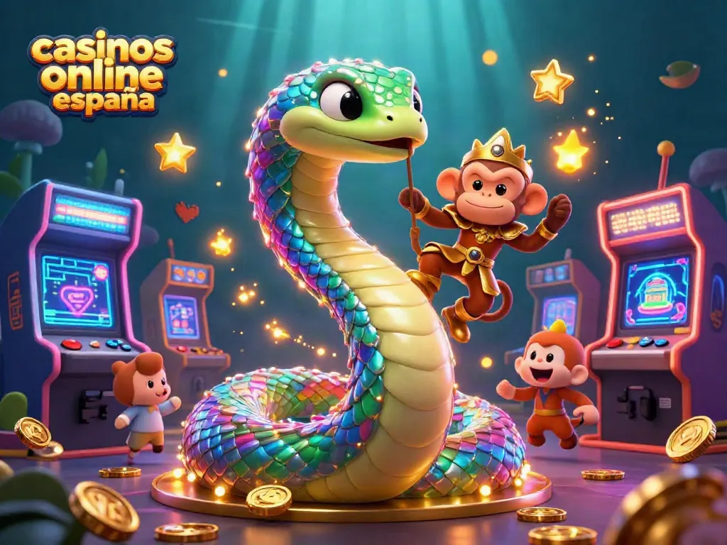 Disfruta de juegos en casinos online España, con una serpiente de colores y un rey mono en un entorno vibrante.