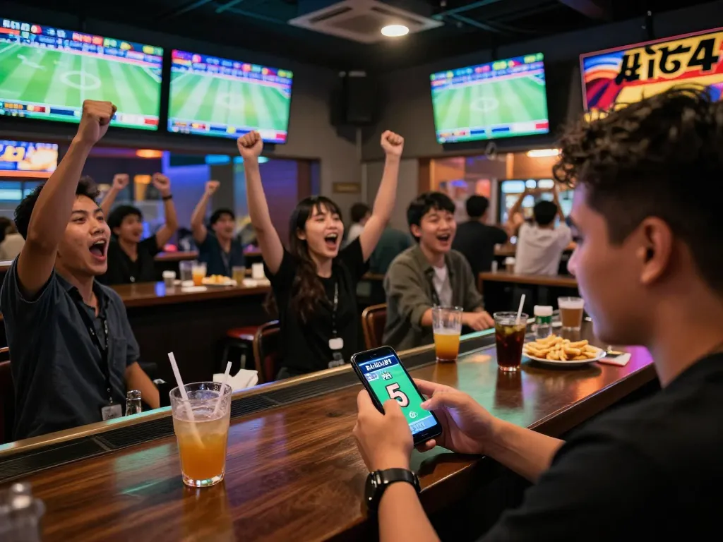 Engaging sports fans checking kèo nhà cái 5 on smartphone in vibrant betting lounge atmosphere