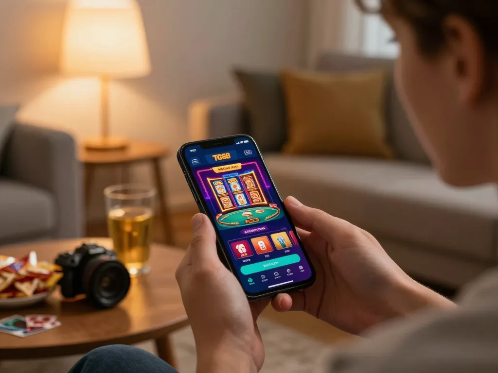 Engaging with the TG88 mobile casino app, enjoying strategic gameplay in a cozy setting.