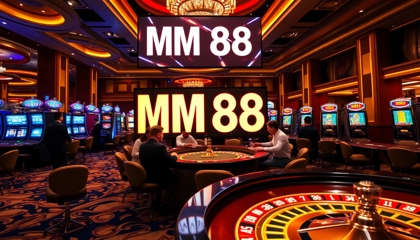 Exciting gambling scene featuring MM 88 at a luxurious casino, showcasing vibrant roulette and slot machines.