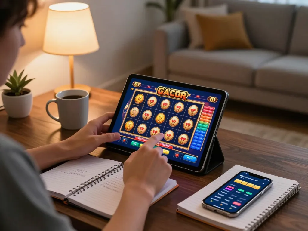Bermain slot gacor di tablet dalam suasana rumah yang nyaman, menampilkan catatan strategi dan smartphone.