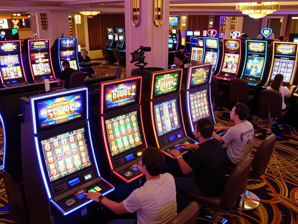 Players thrill as they place a slot bet 200 in a lively casino slot machine area surrounded by bright lights.