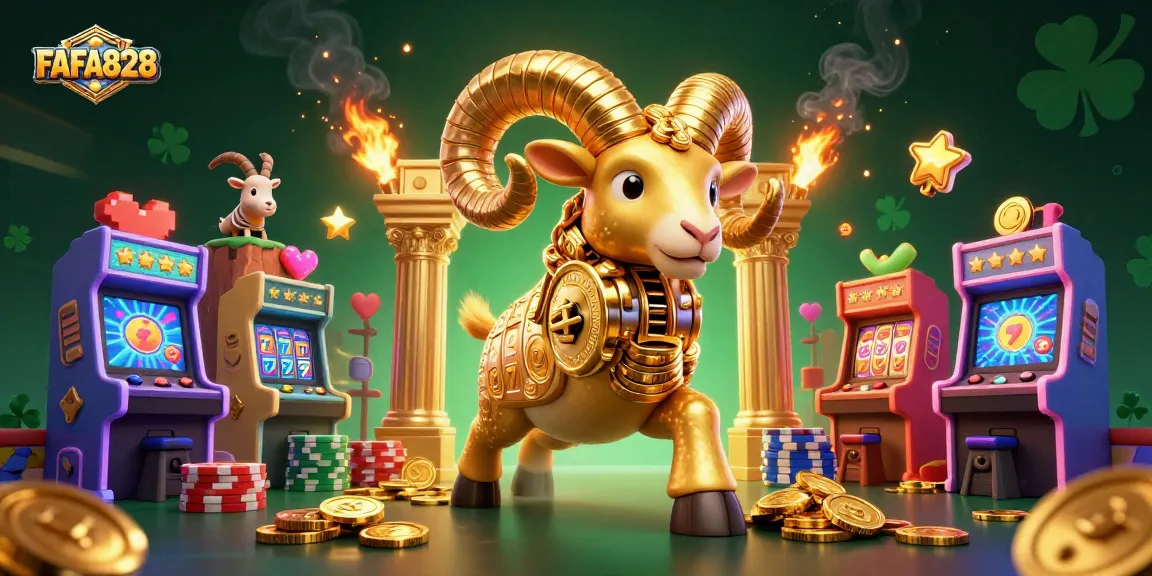 Experience the excitement of FAFA828 with golden ram charging through a vibrant casino scene filled with slot elements and arcade games.