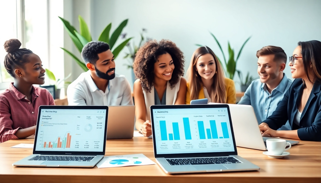 Analyze membership software pricing options with a diverse team in a modern office.