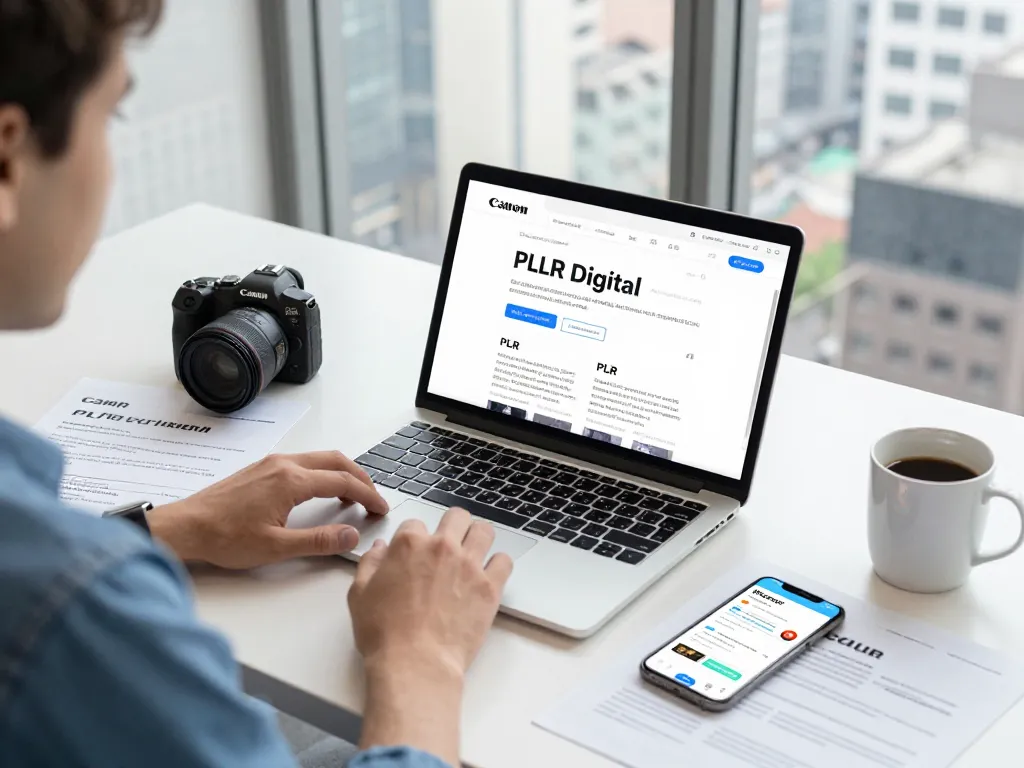 Buy PLR Digital Products in a vibrant workspace, showcasing a focused entrepreneur using an eCommerce platform.